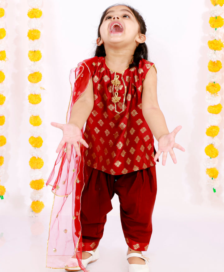 Girls Banarsi Bird Kurta with Salwar and Dupatta - Maroon - Little Bansi