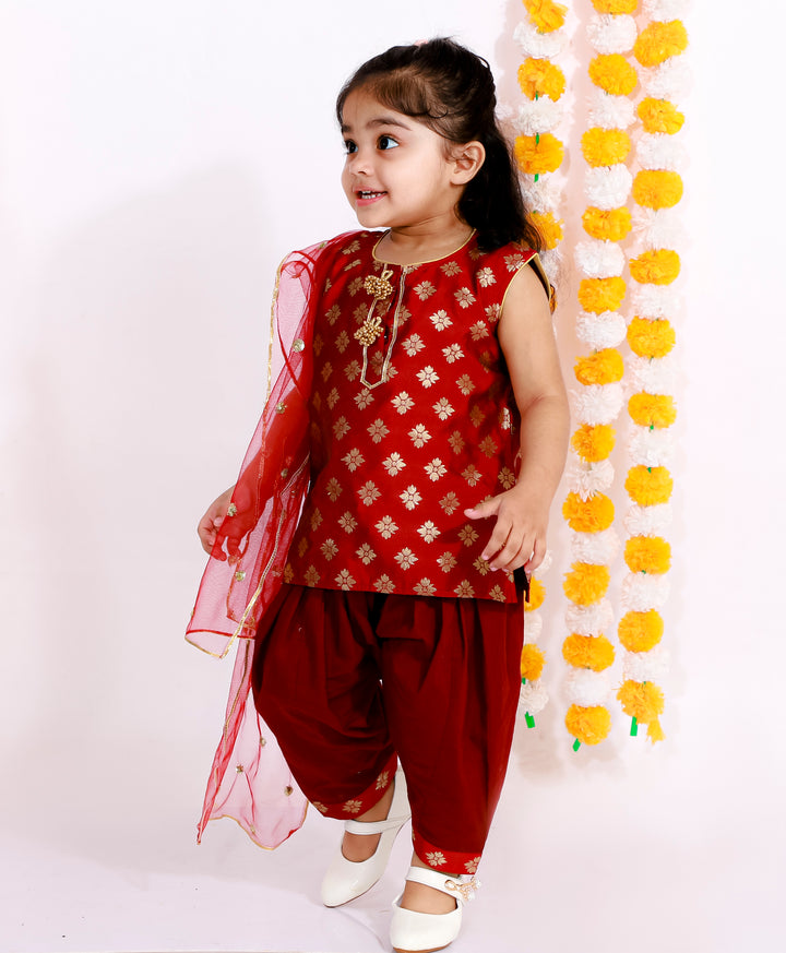 Girls Banarsi Bird Kurta with Salwar and Dupatta - Maroon - Little Bansi