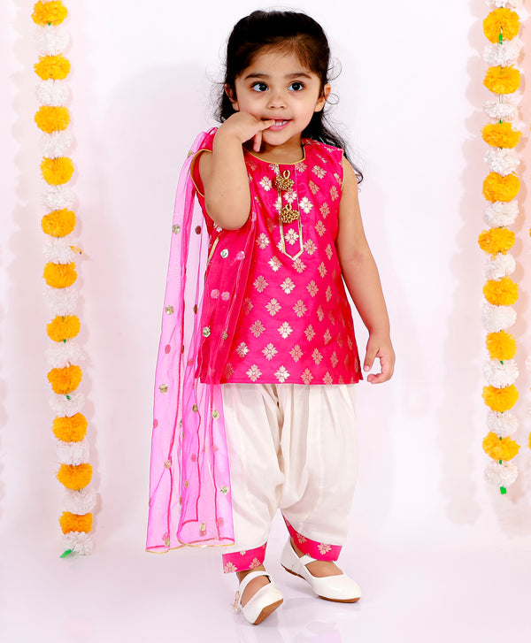 Girls Banarsi Kurta with Salwar and Dupatta - Rani & White - Little Bansi