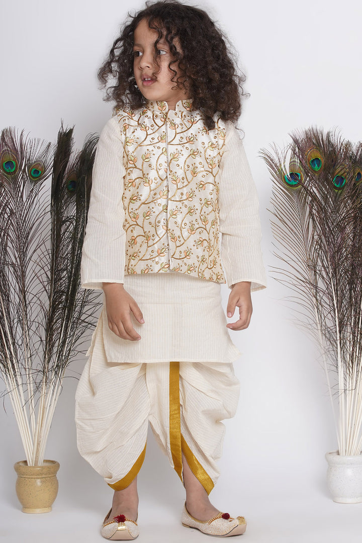 Banarasi Boys Floral Embroidery Jacket with Cotton Kantha kurta and Dhoti - Little Bansi