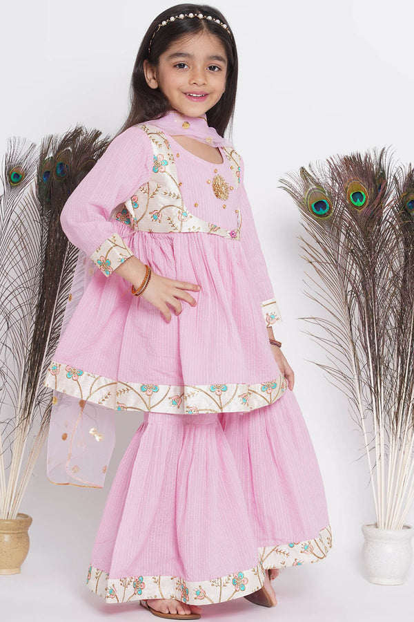 Floral Embroidery Jacket with Cotton Kantha Frock Sharara and Dupatta - Little Bansi