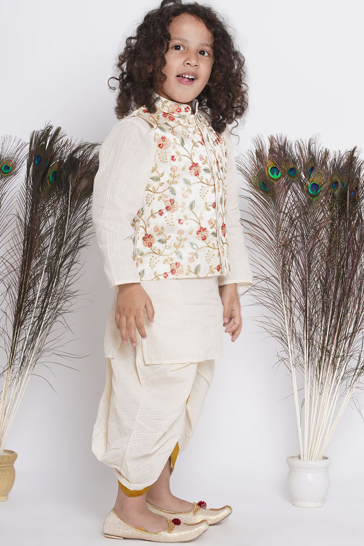 Banarsi Floral Embroidery Jacket with Cotton Kantha kurta and Kantha Dhoti - Little Bansi
