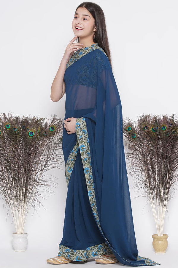 Floral print ready-to-wear saree and Floral blouse - Blue - Little Bansi