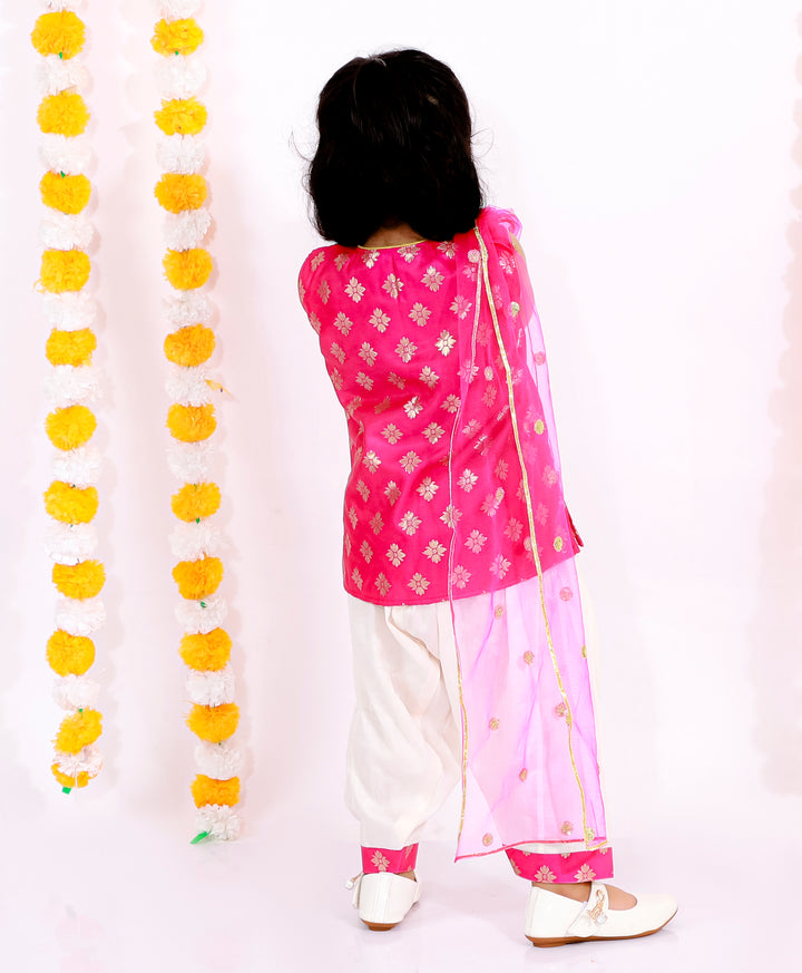 Girls Banarsi Kurta with Salwar and Dupatta - Rani & White - Little Bansi