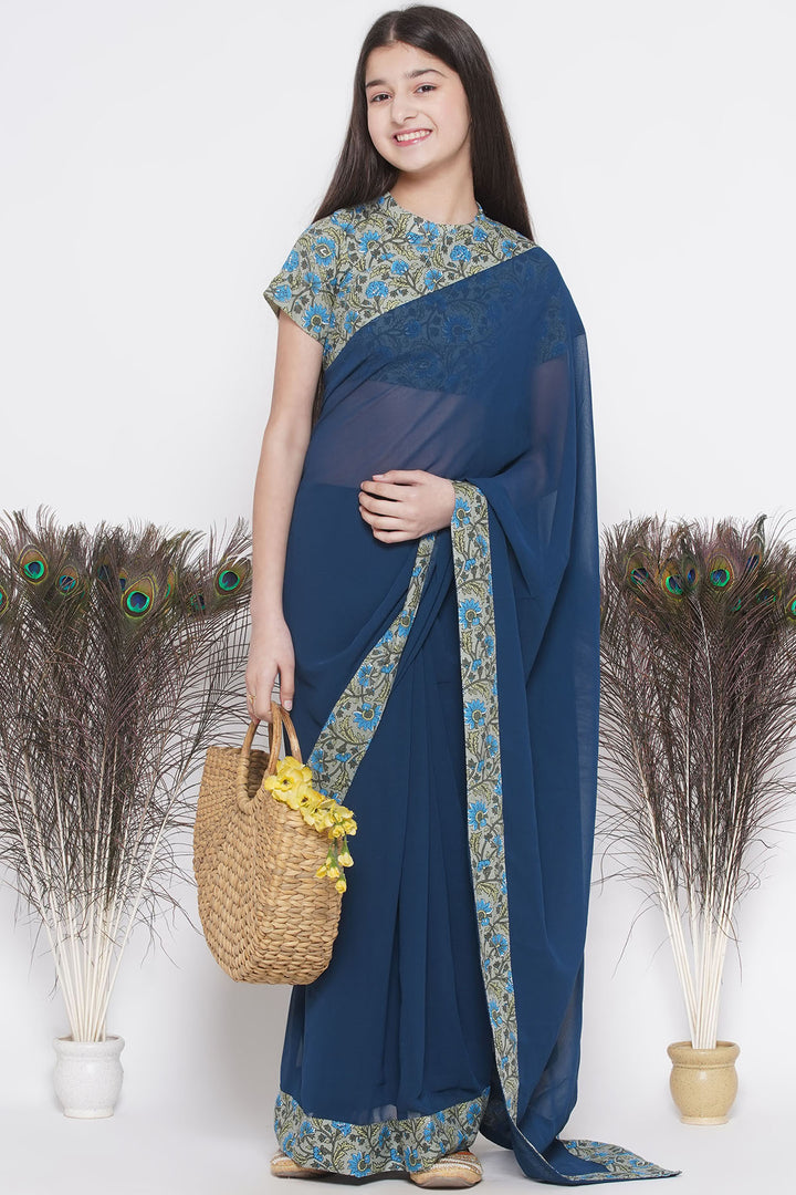 Floral print ready-to-wear saree and Floral blouse - Blue - Little Bansi