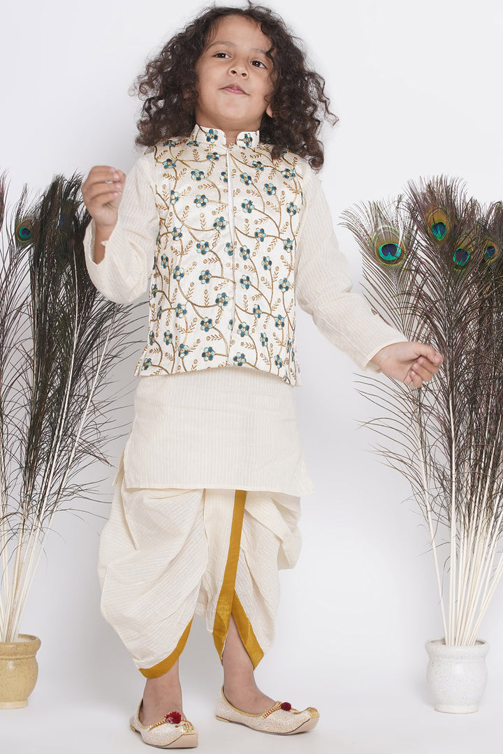 Silk Blue Floral Embroidery Jacket with Cotton Kantha kurta and Kantha Dhoti - Little Bansi