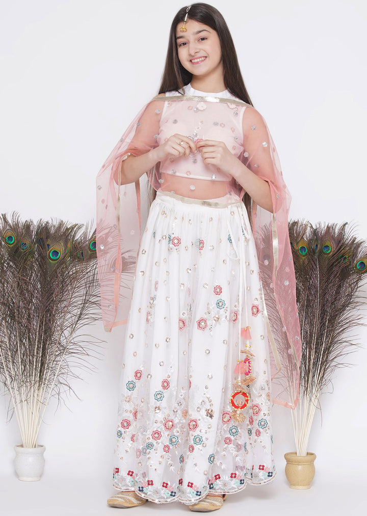 Floral Embroidery Kurta with Floral Lehenga and Dupatta - Little Bansi