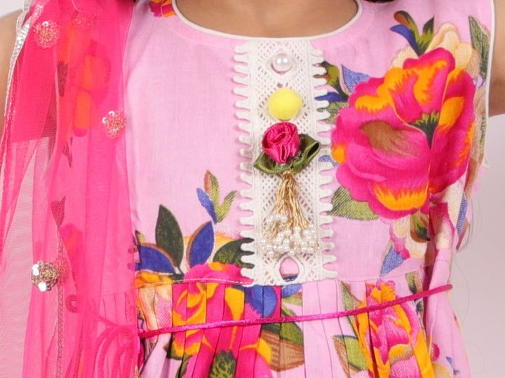 Girls Floral Frock kurta & Gotta sharara with lacework duppata in Pink - Little Bansi