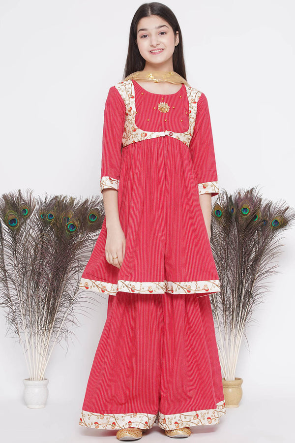 Floral Embroidery Jacket with Cotton Kantha Frock Sharara and Dupatta in  Red - Little Bansi