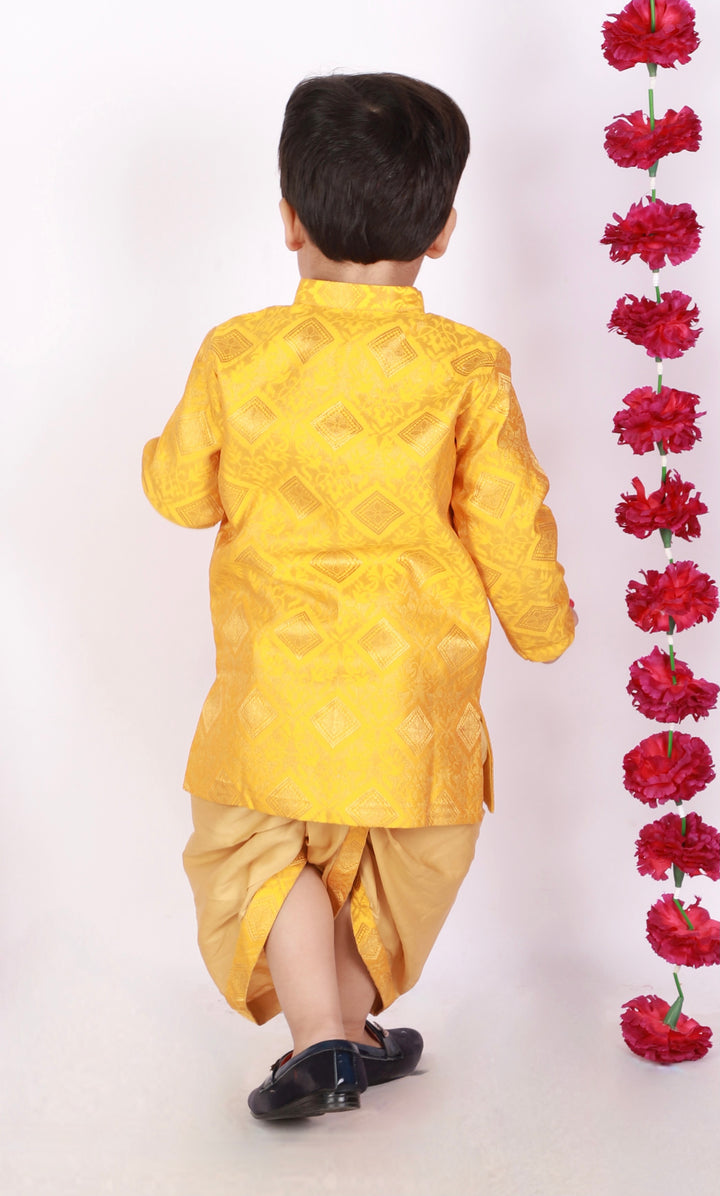 Boys Banarsi Silk Yellow Sherwani with Beige Dhoti - Little Bansi