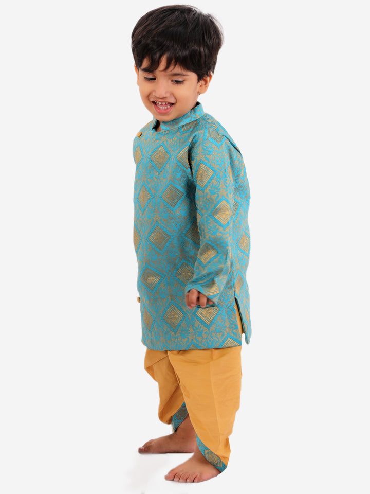 Boys Banarsi Silk Blue Sherwani with Beige Dhoti - Little Bansi