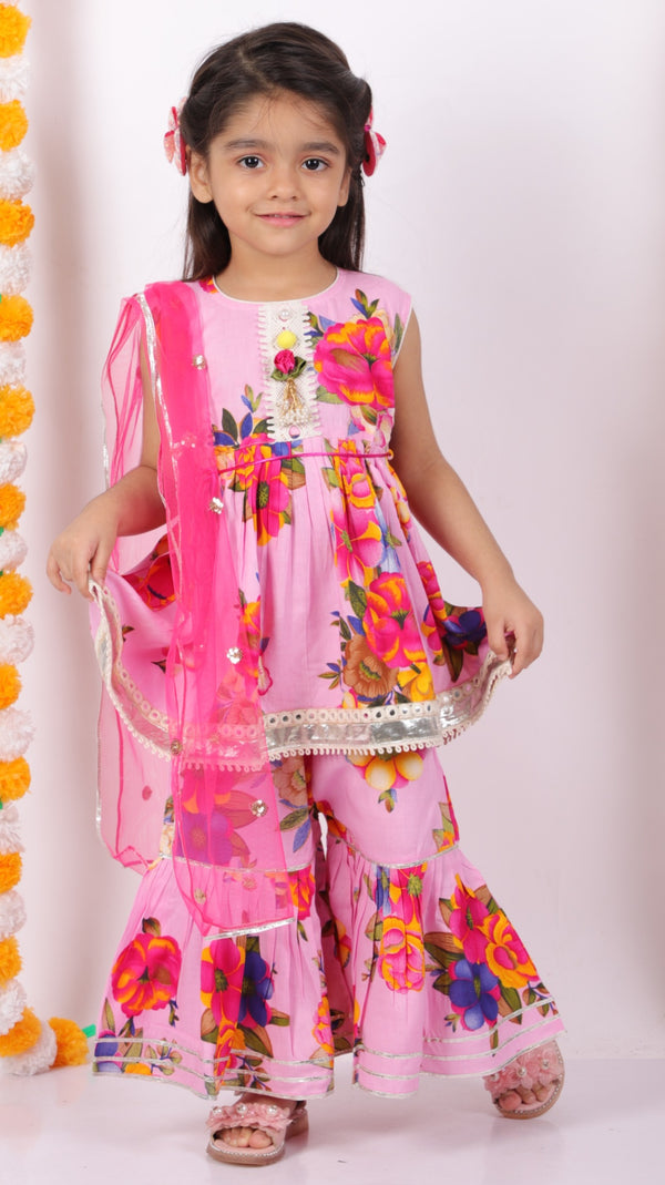 Girls Floral Frock kurta & Gotta sharara with lacework duppata in Pink - Little Bansi