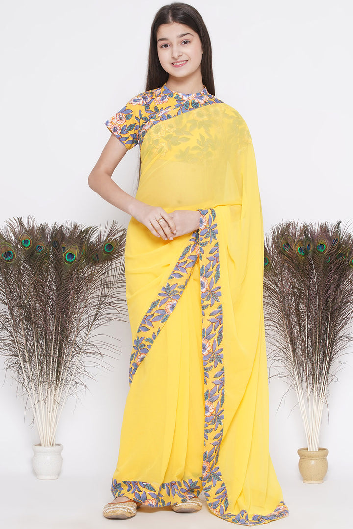 Floral print ready to wear saree and Floral blouse - Yellow - Little Bansi