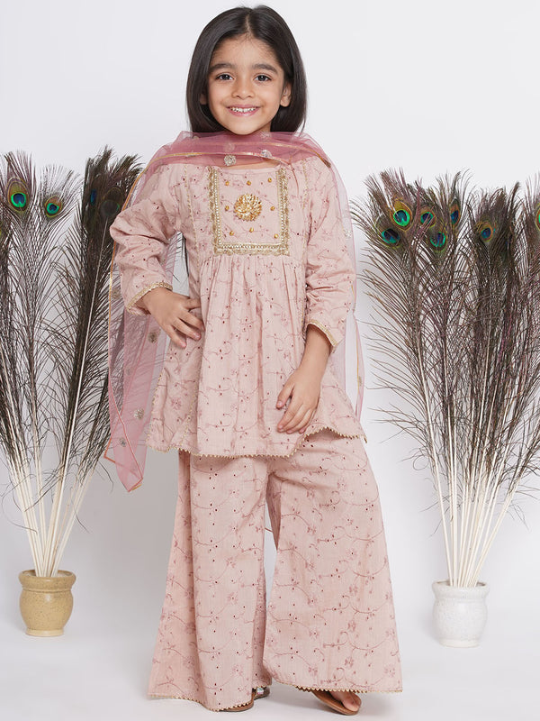 Girls Floral Shiffli Kurta with Plazzo and Dupatta - Little Bansi
