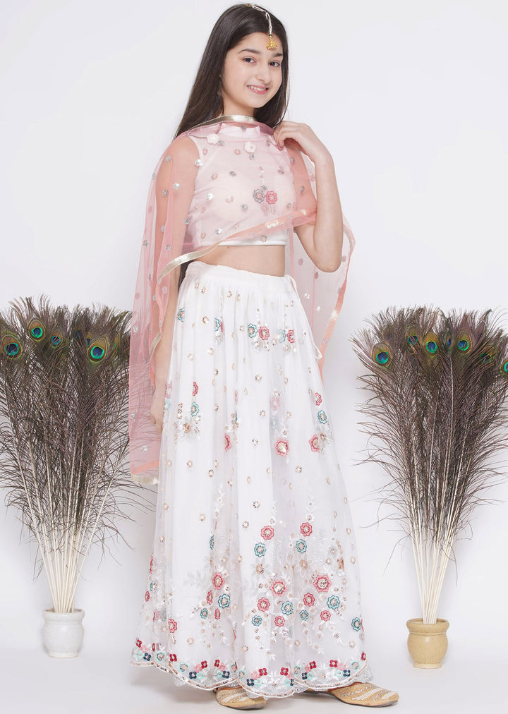 Floral Embroidery Kurta with Floral Lehenga and Dupatta - Little Bansi