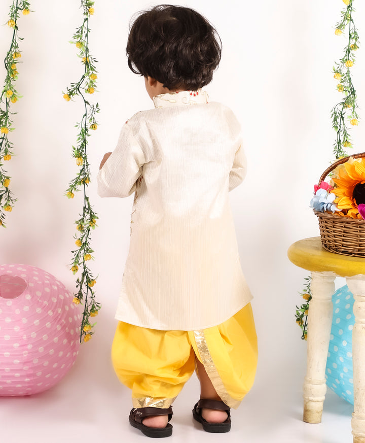 Boys Floral Embroidery Sherwani with Dhoti in Beige and Yellow - Little Bansi