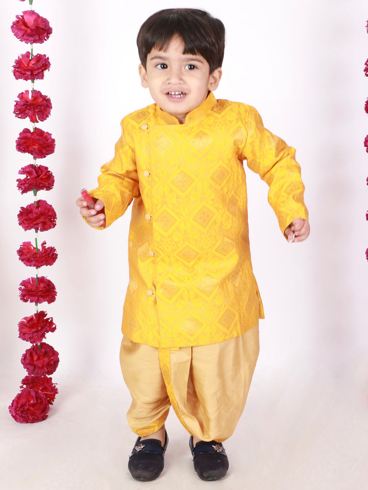 Boys Banarsi Silk Yellow Sherwani with Beige Dhoti - Little Bansi