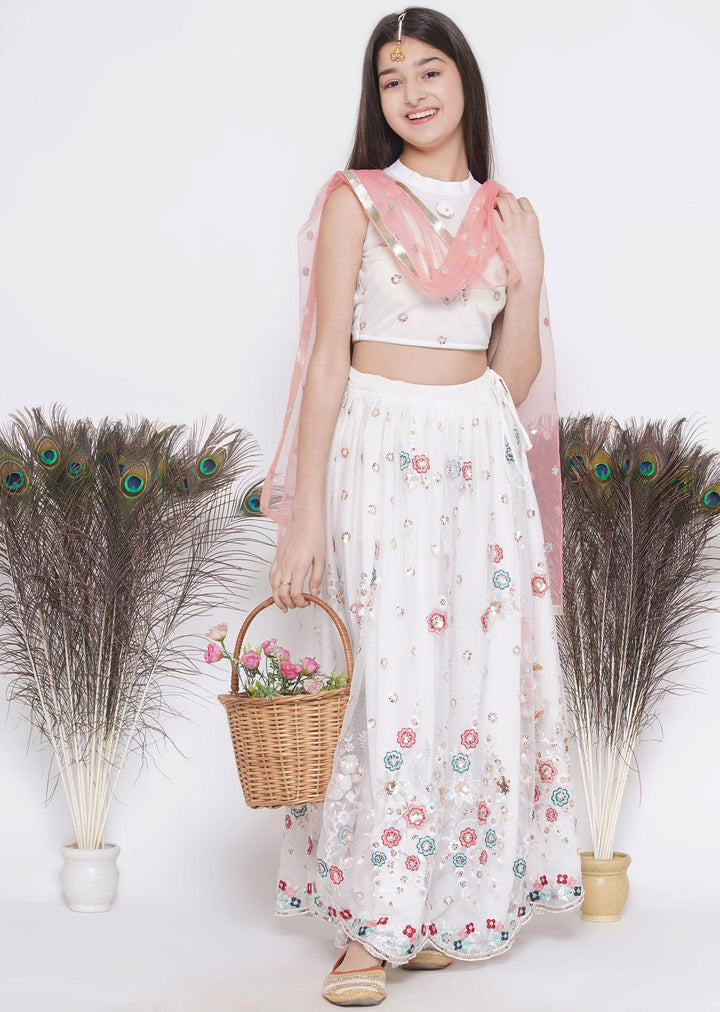 Floral Embroidery Kurta with Floral Lehenga and Dupatta - Little Bansi