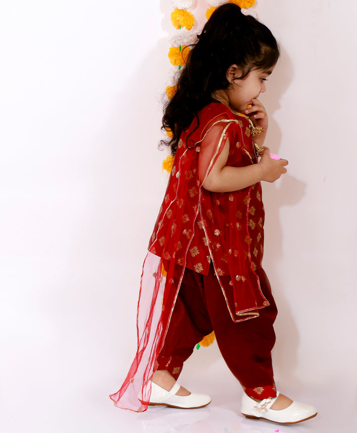 Girls Banarsi Bird Kurta with Salwar and Dupatta - Maroon - Little Bansi