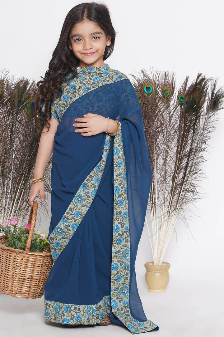 Floral print ready-to-wear saree and Floral blouse - Blue - Little Bansi