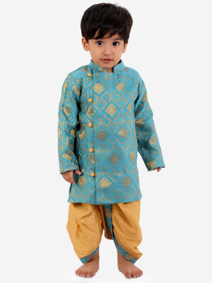 Boys Banarsi Silk Blue Sherwani with Beige Dhoti - Little Bansi