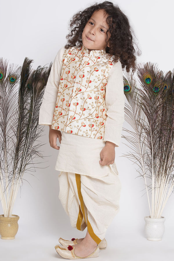 Banarsi Red Tulip Embroidery Jacket with Cotton Kantha kurta and Kantha Dhoti - Little Bansi