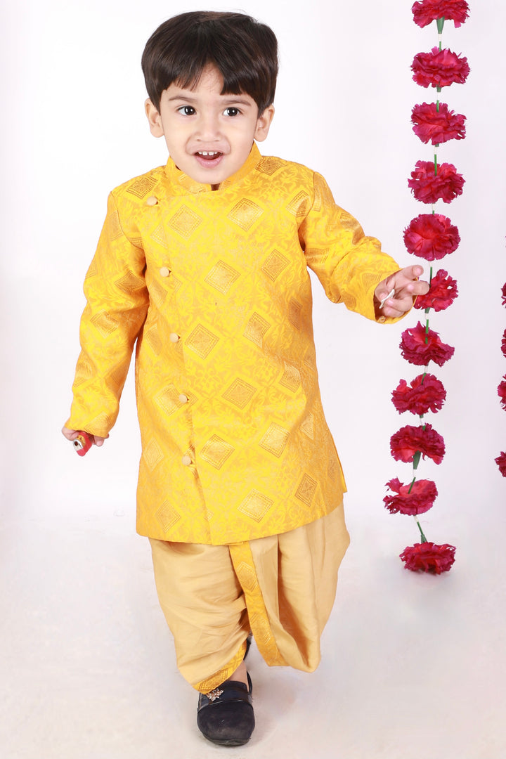 Boys Banarsi Silk Yellow Sherwani with Beige Dhoti - Little Bansi