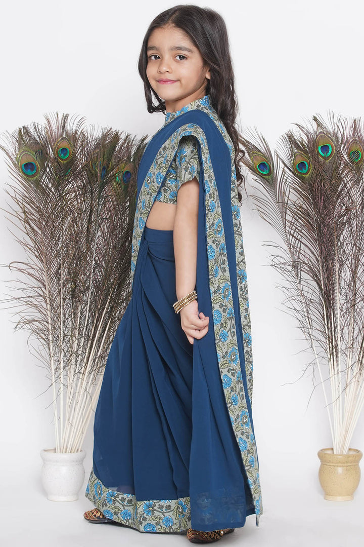 Floral print ready-to-wear saree and Floral blouse - Blue - Little Bansi