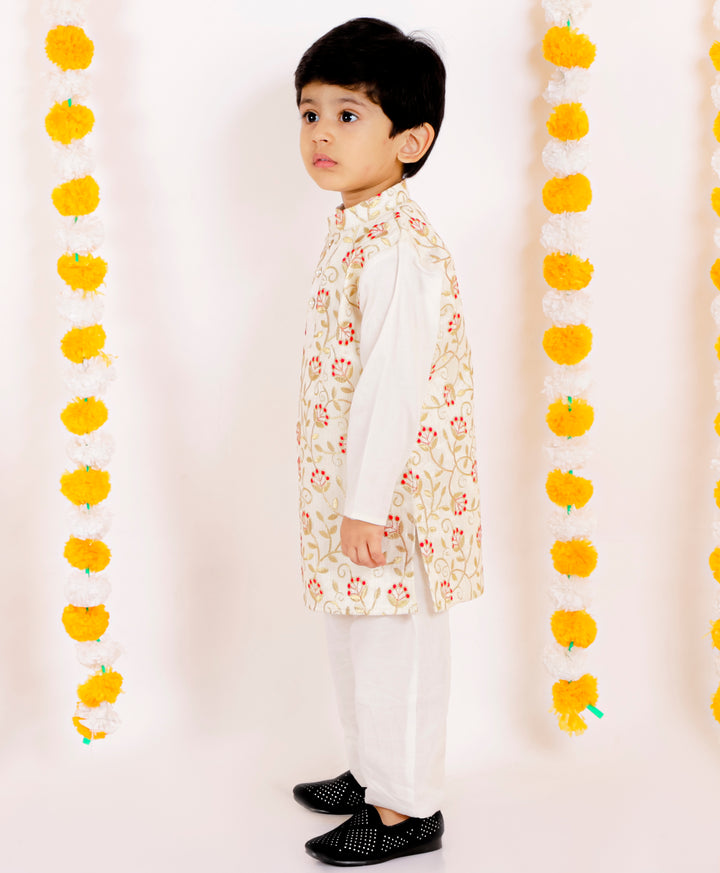 Boys Banarsi Silk Floral Kurta with Pearl Buttons and Pyjama - Little Bansi