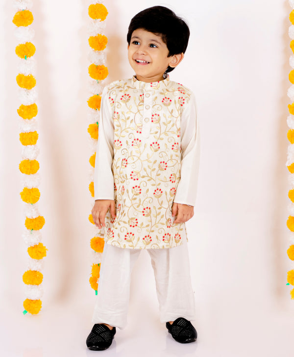 Boys Banarsi Silk Floral Kurta with Pearl Buttons and Pyjama - Little Bansi