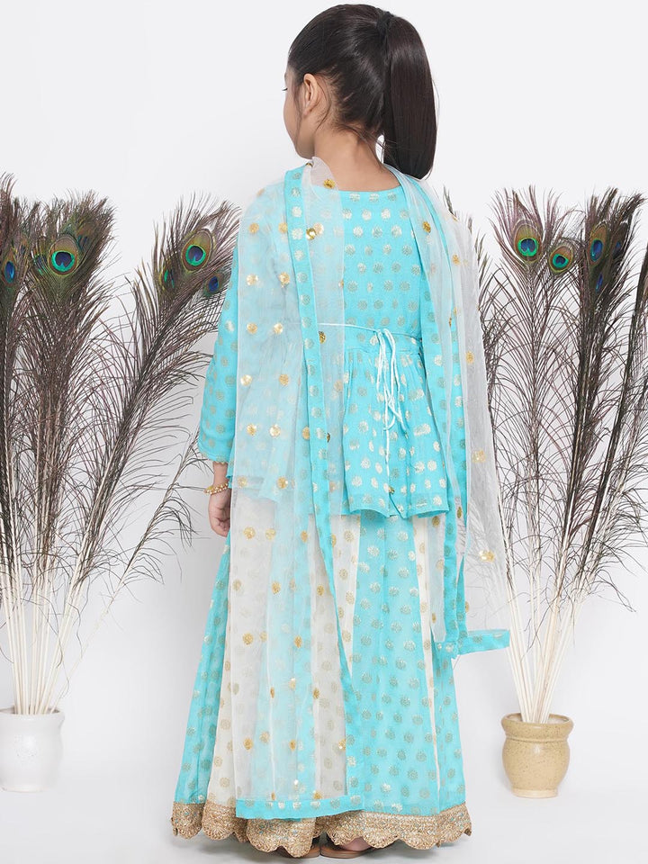 Girls Blue & Off White Kali Work Lehenga with Handmade Latkan and Dupatta - Little Bansi