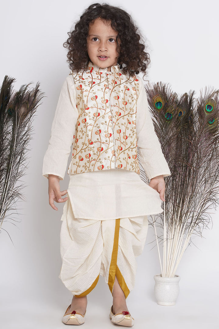 Banarsi Red Tulip Embroidery Jacket with Cotton Kantha kurta and Kantha Dhoti - Little Bansi