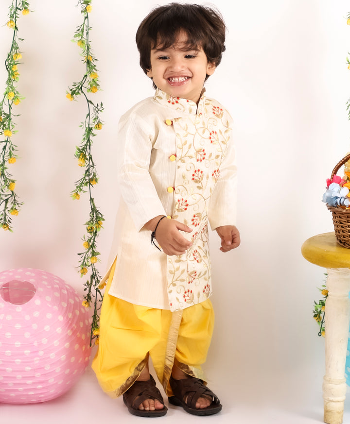 Boys Floral Embroidery Sherwani with Dhoti in Beige and Yellow - Little Bansi