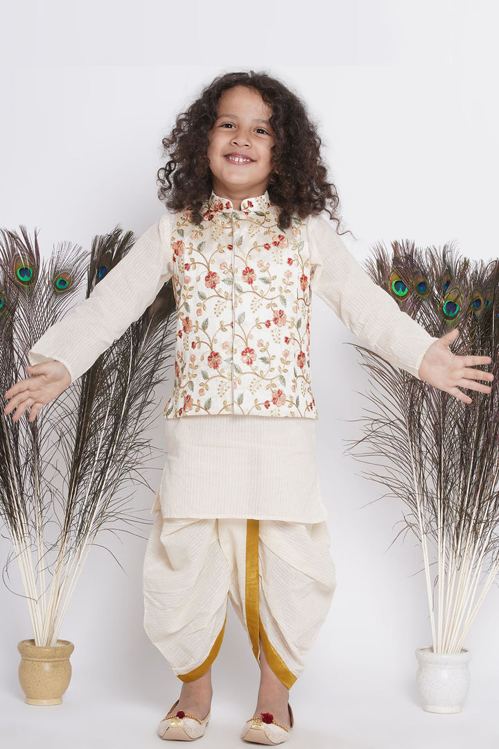 Banarsi Floral Embroidery Jacket with Cotton Kantha kurta and Kantha Dhoti - Little Bansi