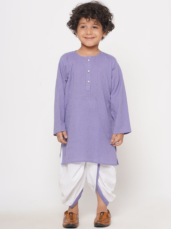 Little Bansi Boys Thread Work Kurta with Pearl buttons & Dhoti - Light Purple - Little Bansi