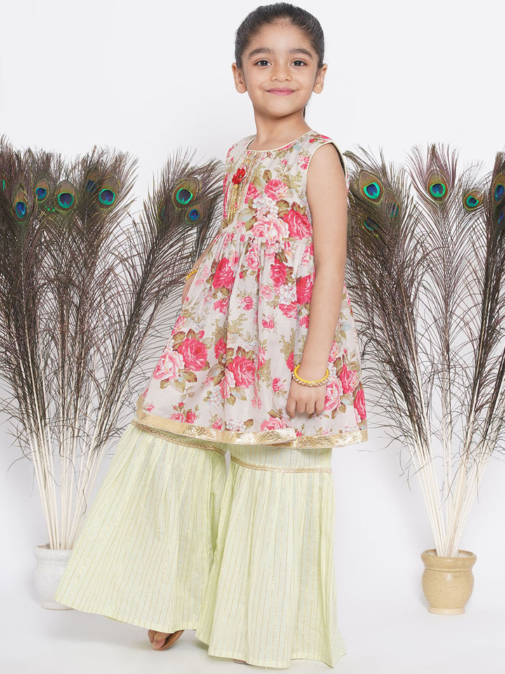 Gulabo Frock Style Kurta with golden strip sharara and Dupatta - Little Bansi
