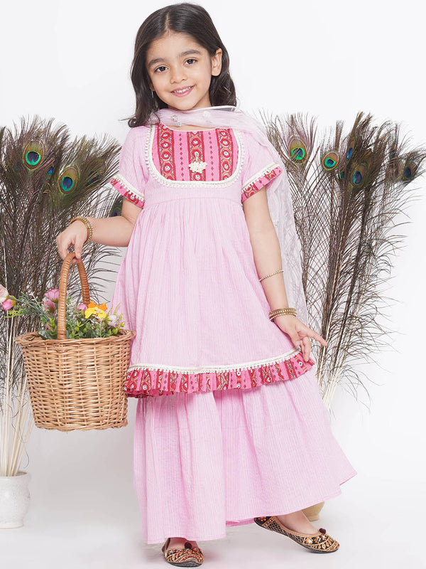 Floral patch and lace work Frock Style Kurta with sharara and Dupatta - Little Bansi