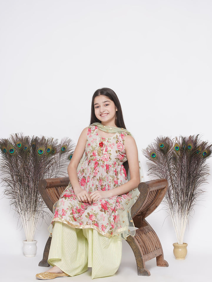 Gulabo Frock Style Kurta with golden strip sharara and Dupatta - Little Bansi