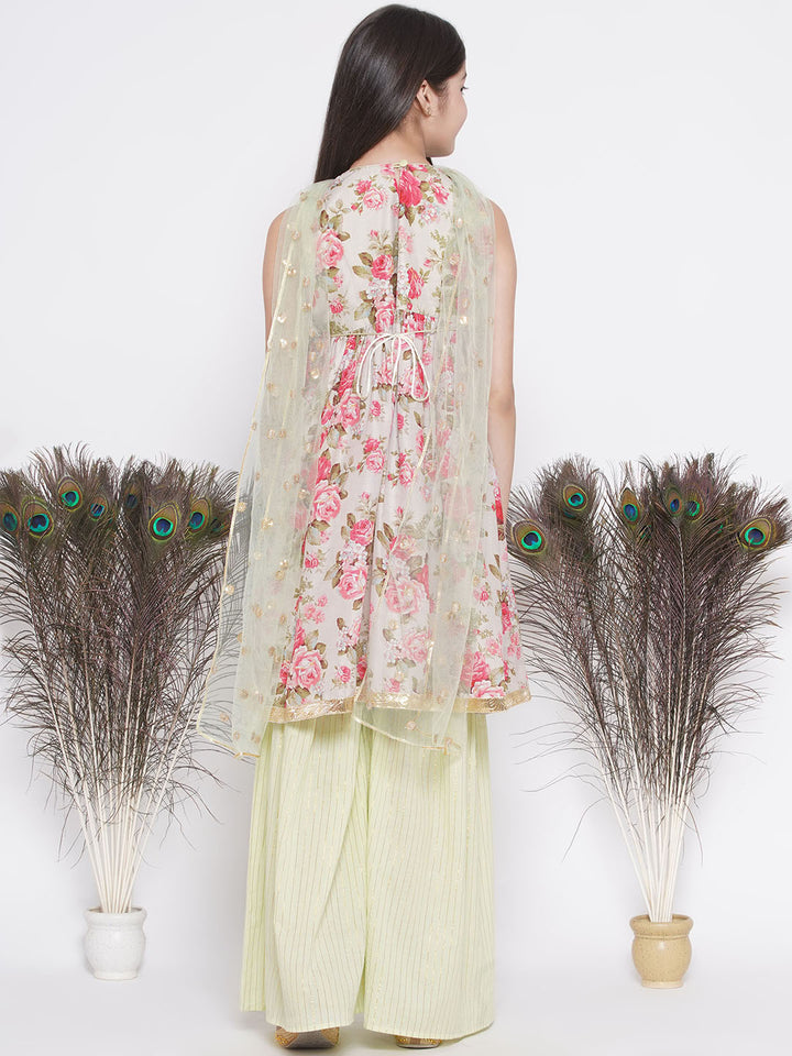 Gulabo Frock Style Kurta with golden strip sharara and Dupatta - Little Bansi