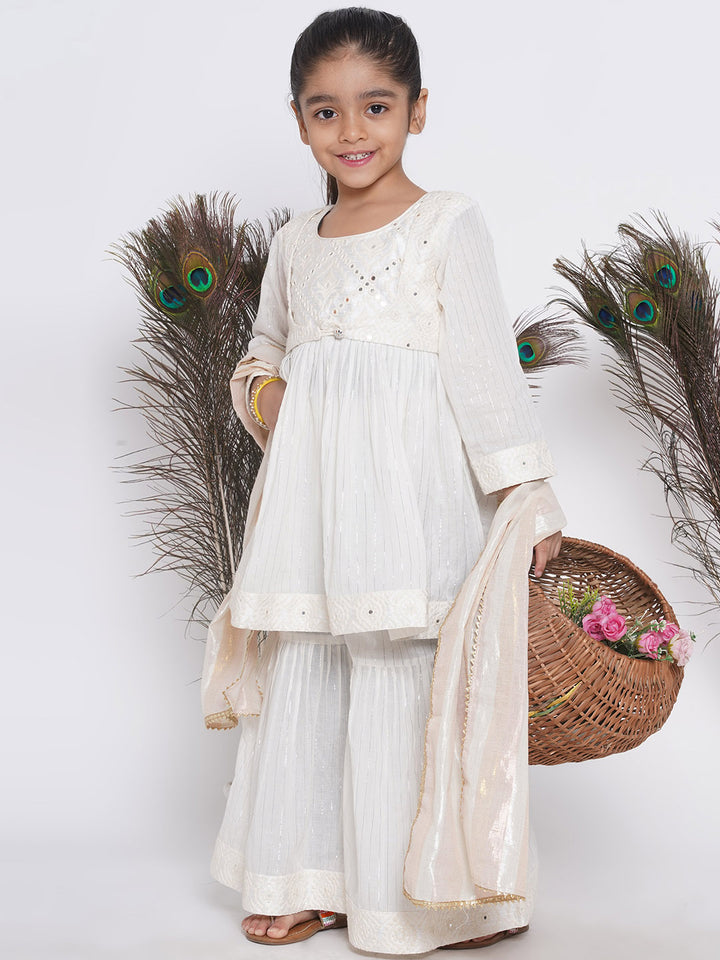 Frock style Kurta with Mirror work attached Jacket and Sharara with Dupatta - Little Bansi