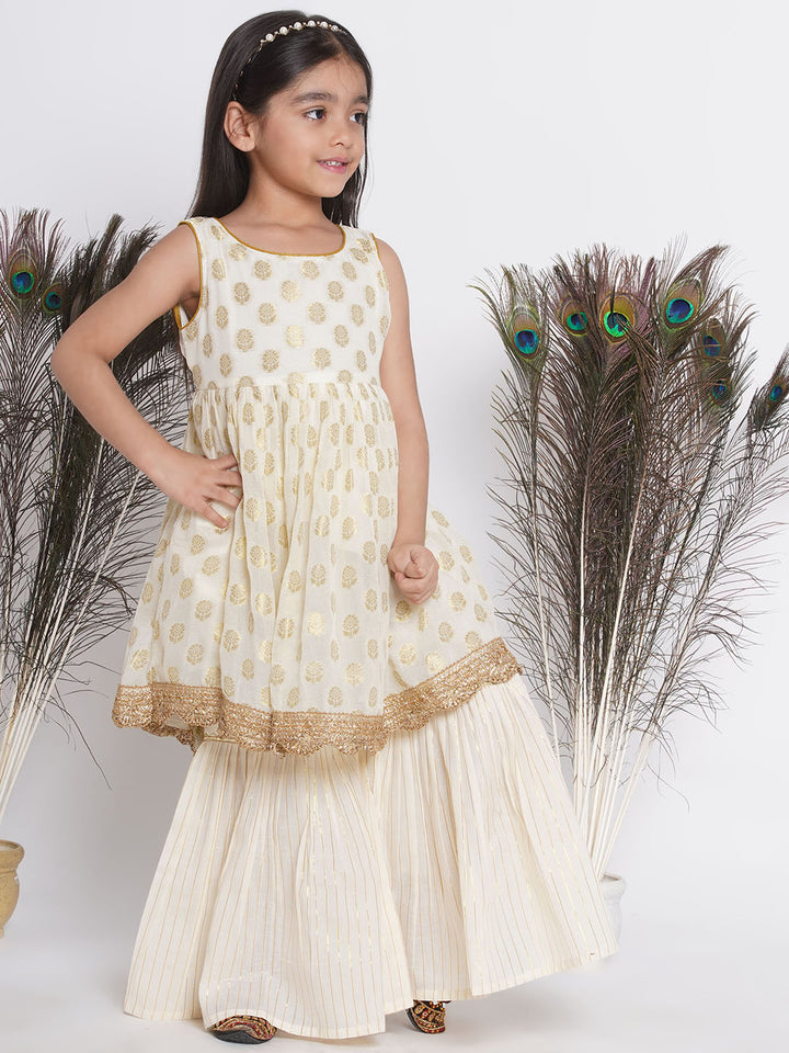 Banarsi floral work Frock Style Kurta with Golden Striped Sharara with Dupatta - Little Bansi