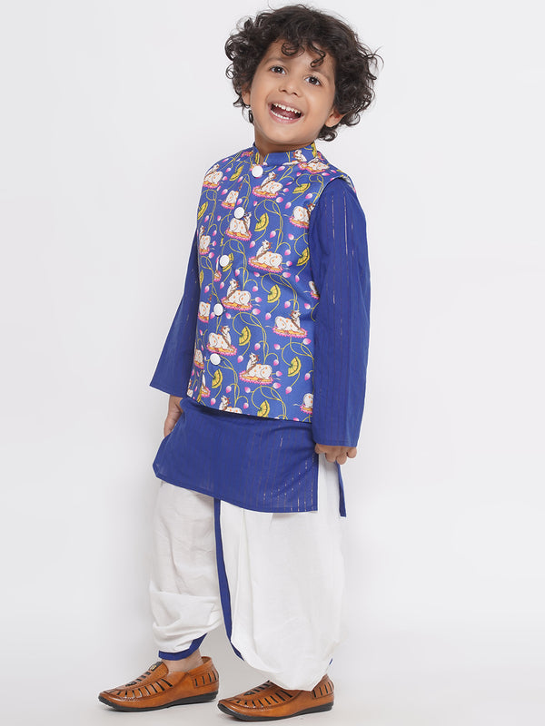 Cow print Jacket with Golden Stripes Kurta and Dhoti - Royal Blue - Little Bansi