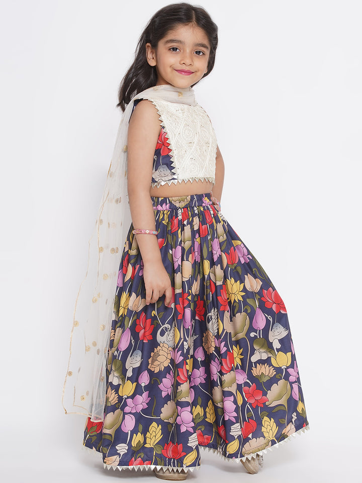 Indowestern Top with Floral Ghararara and Dupatta - Navy Blue - Little Bansi