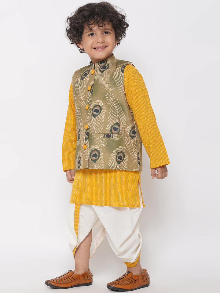 Peacock Feather print Jacket with Thread work Kurta and Dhoti - Yellow - Little Bansi