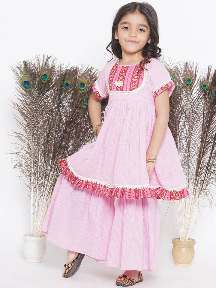 Floral patch and lace work Frock Style Kurta with sharara and Dupatta - Little Bansi