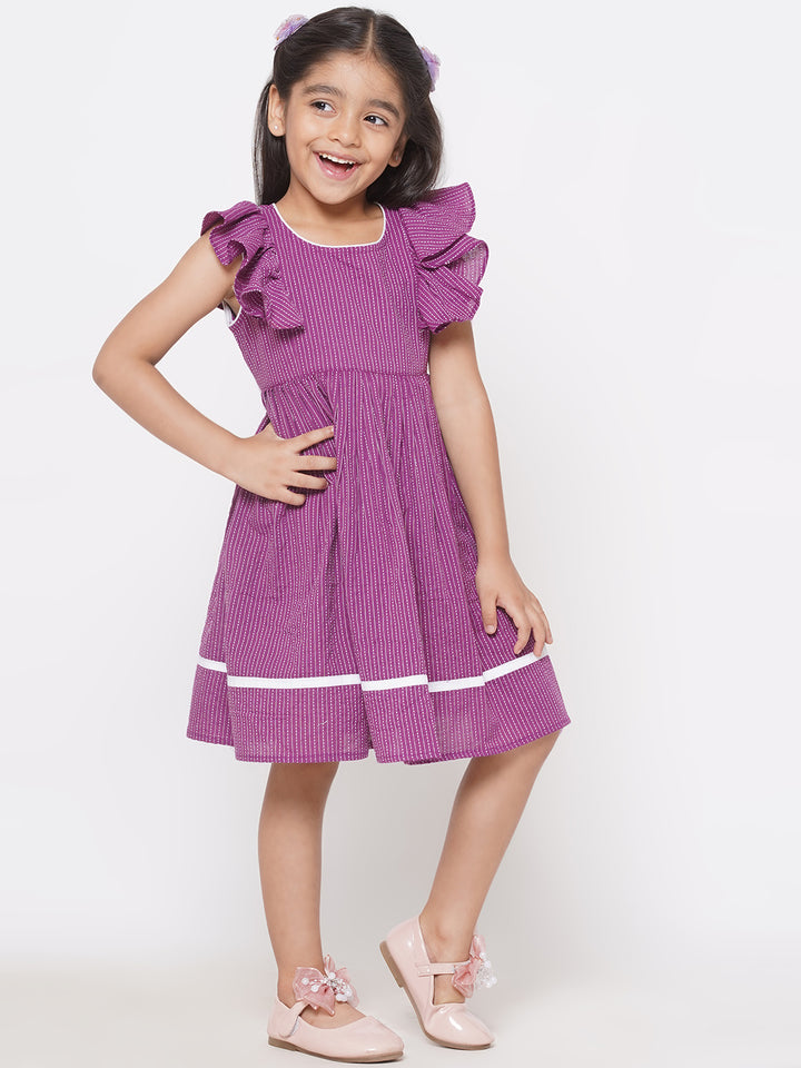 Little Bansi Girls Thread Work Ruffled Frock - Plum - Little Bansi