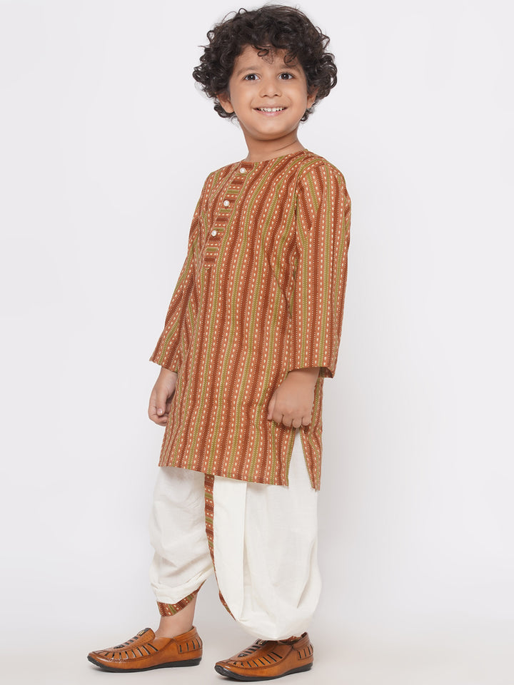 Bengali Print Kurta with Pearl Button & Dhoti - Brown - Little Bansi