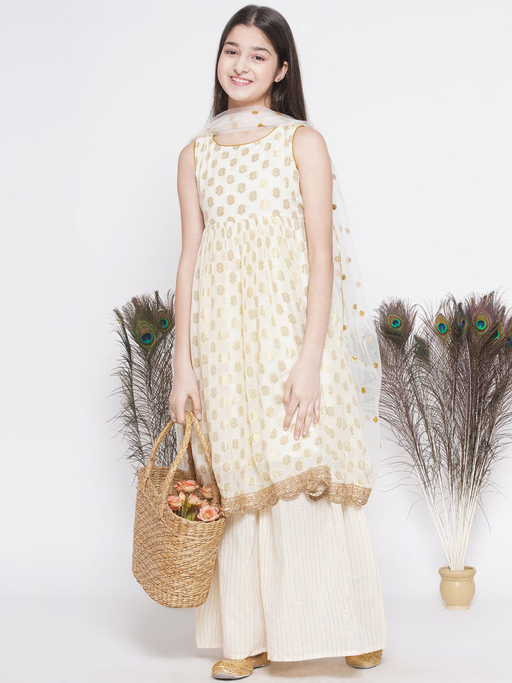 Banarsi floral work Frock Style Kurta with Golden Striped Sharara with Dupatta - Little Bansi