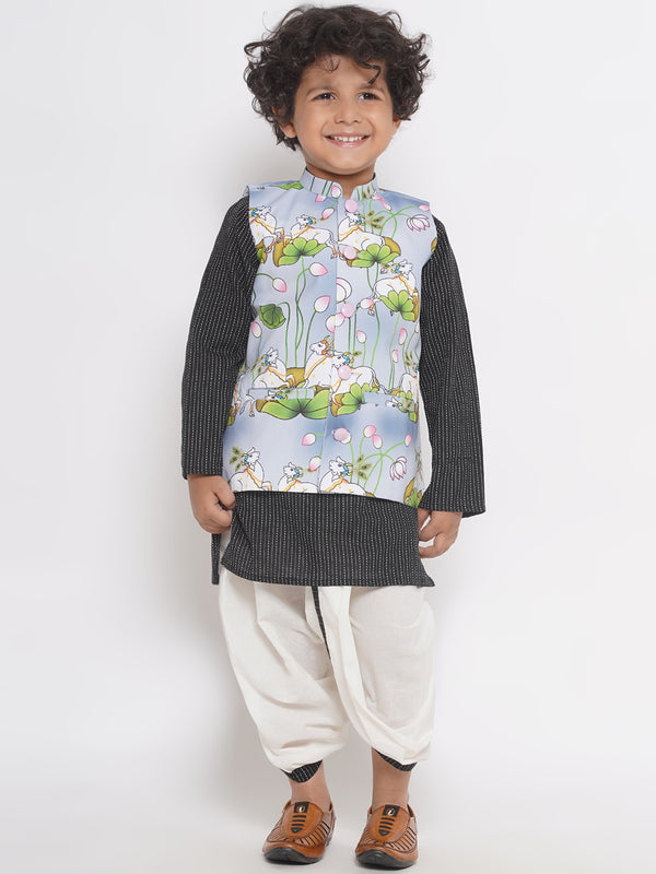 Cow print Jacket with Thread work Kurta and Dhoti - Grey & Black - Little Bansi