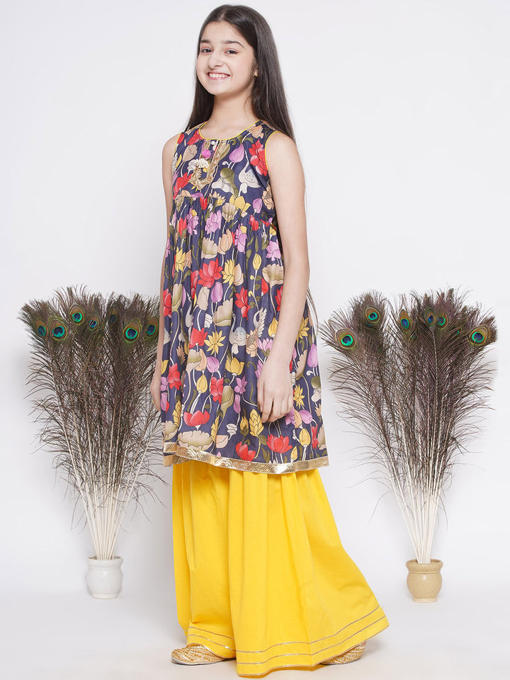 Lotus & Duck Print Frock Style Kurta with Gota work sharara and Dupatta - Little Bansi